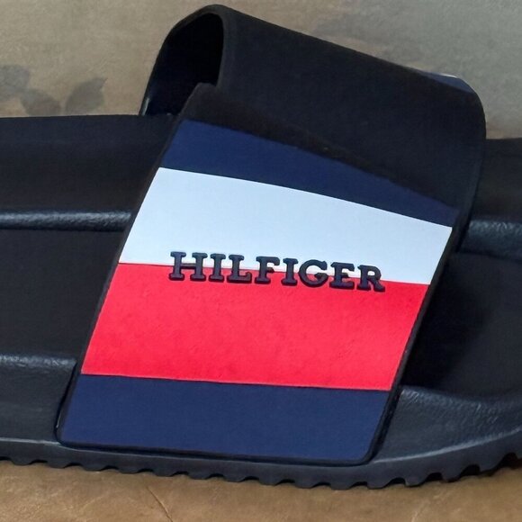 Tommy Hilfiger Signature Ring Slide Sandals 10 Black Red Blue White Striped Logo - Picture 1 of 7
